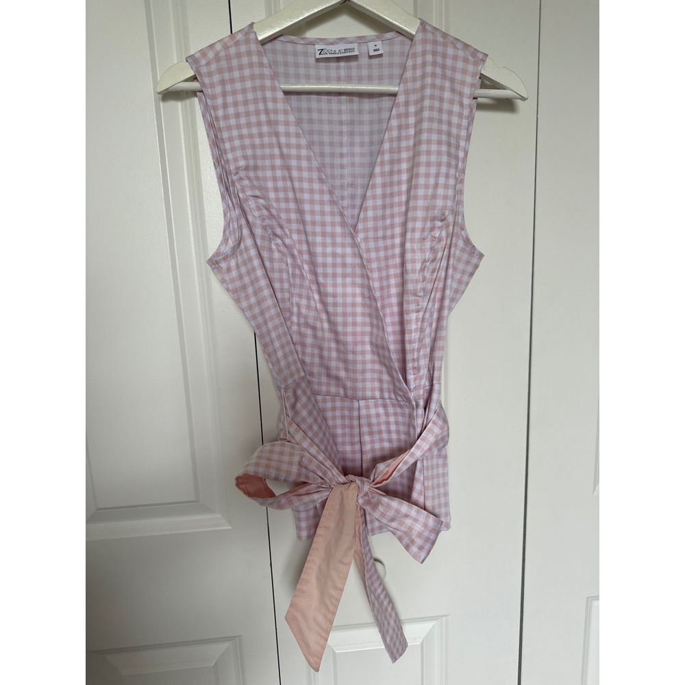 New York & Company 7th Avenue Pink Gingham Wrap Peplum Tie Waist Blouse Medium